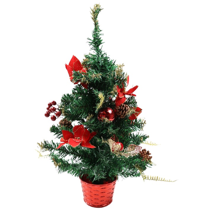 Bradut Decorativ de Craciun idealStore, Inaltime 60CM, Crengi de Brad cu Aspect Natural, Decorat cu Merisoare, Flori Rosii si Conuri de Brad, Perfect pentru Decorarea Mesei de Craciun