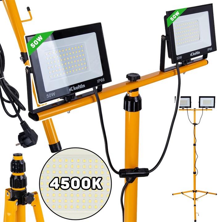 LED прожектор 2 x 50 W с телескопичен стълб за строителството, неутрално бяло, 4500 K, Keltin K02054