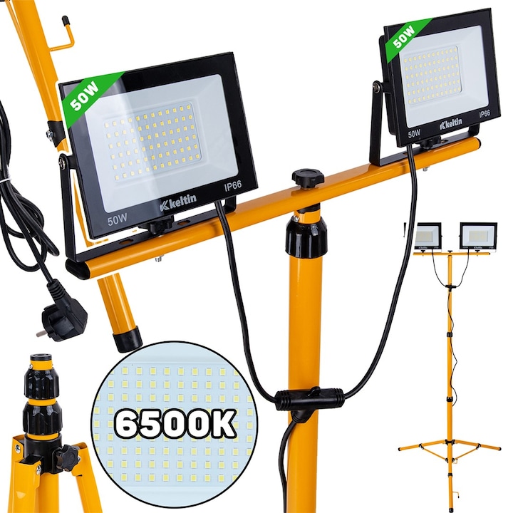 LED проектор 2 x 50 W с телескопичен статив, студено бял, 6500 K, Keltin K02053