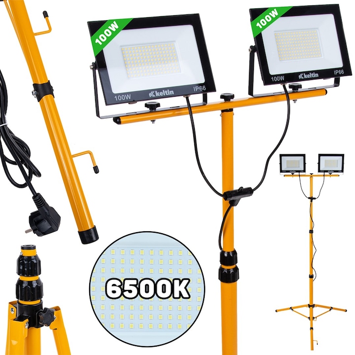 LED проектор 2 x 100 W с телескопичен триножник за строителството, студено бяло 6500 K, Keltin K02050