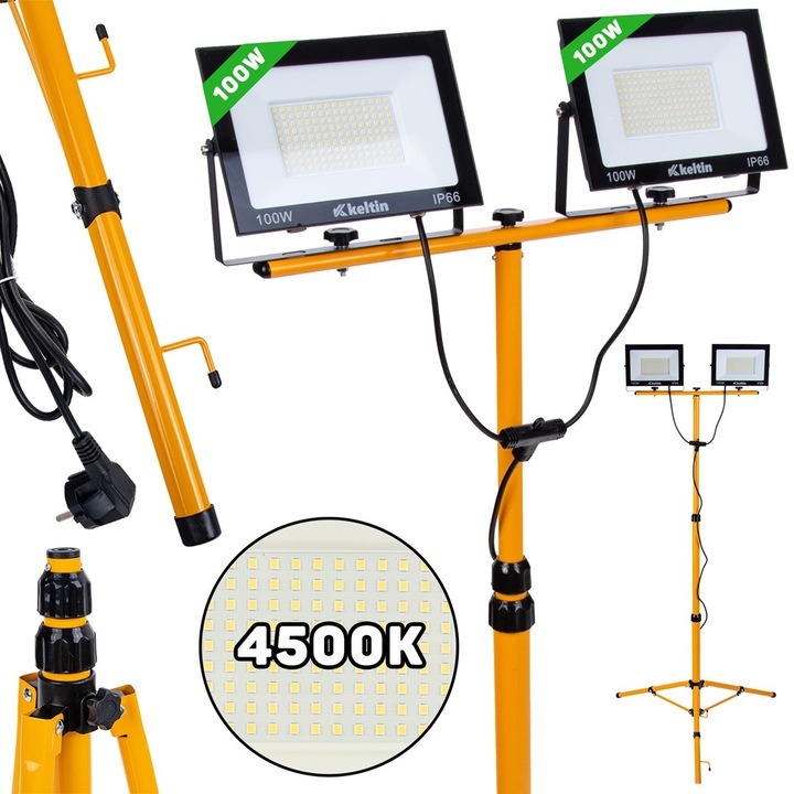 LED прожектор 2 x 100 W с телескопичен статив за строителството, неутрално бяло, 4500 K, Keltin K02051