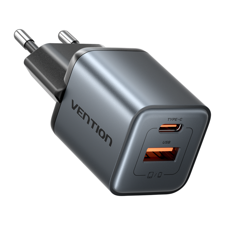 Hálózati töltő, VENTION, 2 port (USB C+A), 30 W GaN gyorstöltés, szürke
