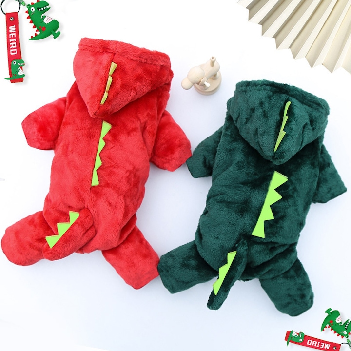 Costum pentru caini din doua piese, MWAOWM, design dinozaur, verde si rosu, marimea M