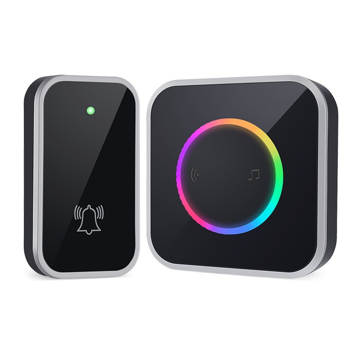 Безжичен електрически звънец, Регулиране на силата на звука на 4 нива, 45 мелодии, RGB LED осветление, Захранване директно към 220V контакт, 400m, Черен