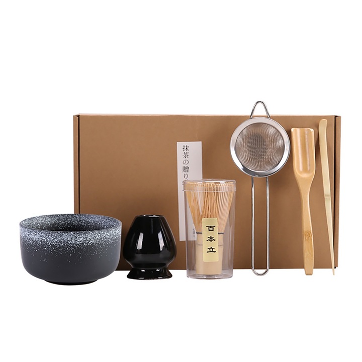 Японски сервиз за чай Matcha 6 бр, черен, керамика/бамбук