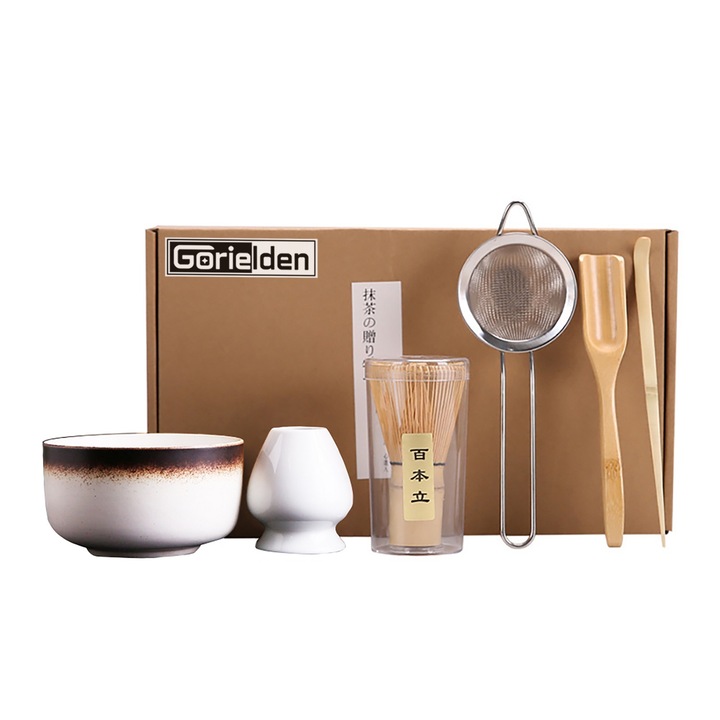 Set de ceai japonez Matcha 6buc, Alb Maro, ceramica/bambus