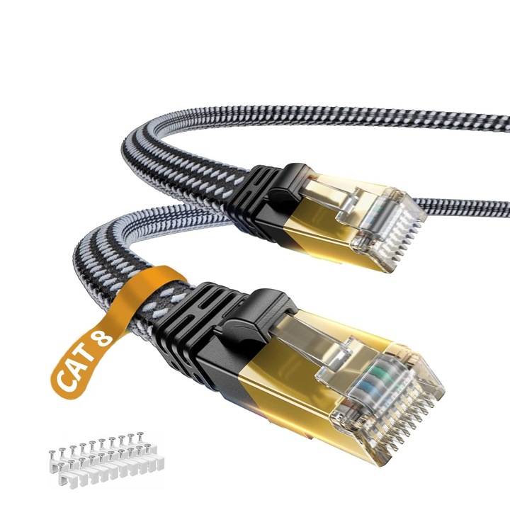 LAN интернет кабел, Cat 8 Ethernet мрежов кабел, RJ45 конектор, 40 Gbps, 2000 Mhz, плосък формат, найлон, устойчивост на разкъсване, 5 м, черен