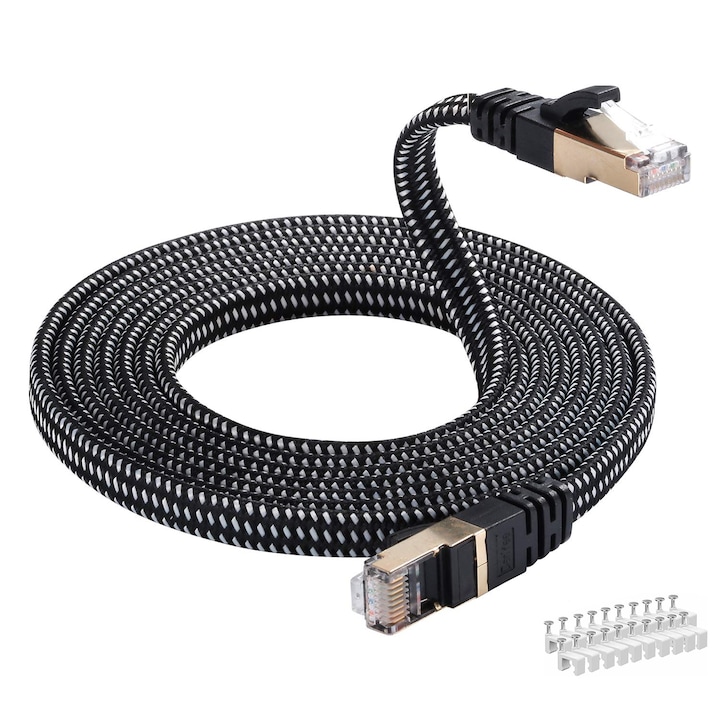 LAN интернет кабел, Cat 8 Ethernet мрежов кабел, RJ45 конектор, 40 Gbps, 2000 Mhz, плосък формат, найлон, устойчивост на разкъсване, 10 м