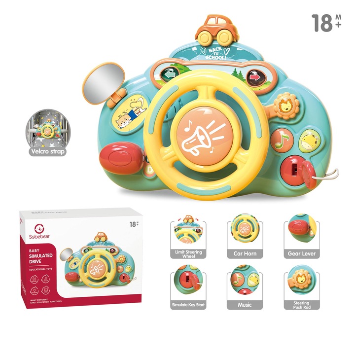 Volan de Jucarie Interactiv cu Sunete si Lumini, Yulinland®, Rotire 360 Grade, Jucarie Educativa pentru Copii, Cu Oglinda, Schimbator, Butoane pentru, Claxon si Efecte Speciale, Cheie, Se Fixeaza Pe Suprafete, Material non toxic, verde