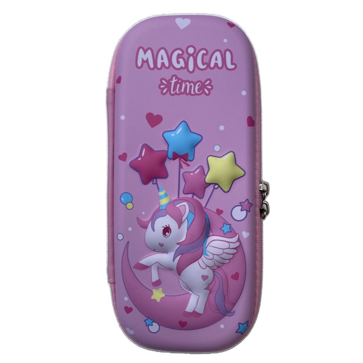 Penar 3D fete,23x10,5cm, model unicorn cu stelute, roz, compartimentat, pentru scoala/gradinita
