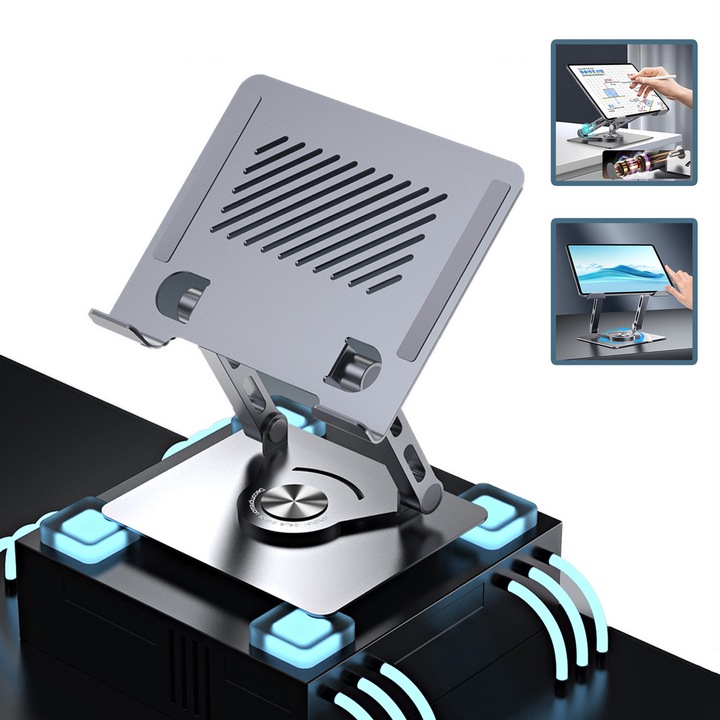 Suport laptop portabil Yulinland®, rotatie 360°, compatibil 4-14 inch, ridicare si pliere, compatibil tableta, iPad, universal, design gol pentru disiparea usoara a caldurii, anti-alunecare siliconica multipla,, gri