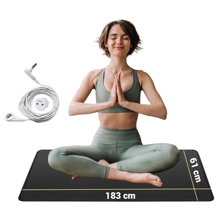 Saltea pentru antrenament CASAMEDI®, 183x61x0.5 cm, covor cu impamantare, pentru yoga, pilates, exercitii fitness, aerobic, multifunctional, antistatic, reducerea tensiunii si a inflamatiei, Negru
