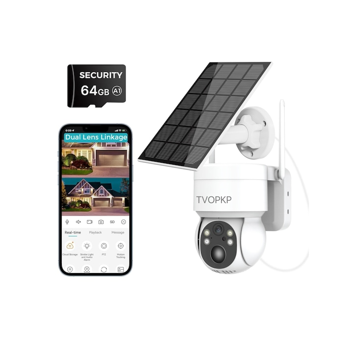 TVOPKP® Безжични външни соларни охранителни камери, с 64GB SD карта, 2K 4MP панорамна, накланяща се, 355° видимост, IP65 акумулаторна батерия, PTZ WiFi камера с PIR, цветно нощно виждане, двупосочен разговор, Cloud/SD