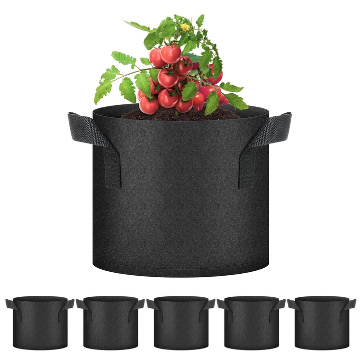 Set de 5 Ghivece Textil pentru plante 3 Galoni | AKESON 5 Sacii de Cultivare Respirabili din Material Netesut - Negru