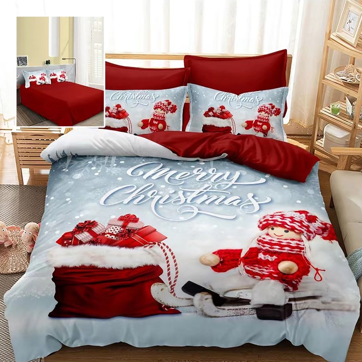 Lenjerie pat Craciun Finet 3D, 6 piese, cearsaf pat 220x230 cm, pilota 200x230 cm, 2 fete perna 70x70 cm, 2 fete perna 50x70 cm, F-XMAS75