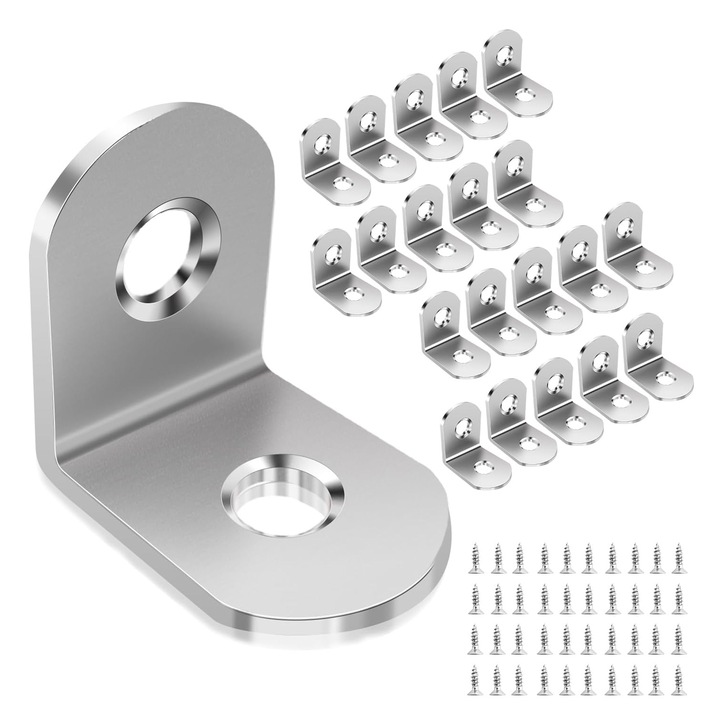 Set de 20 Balamale, Axroad Mall, Cu suruburi, Unghi metalic de 90 de grade, Stabila si durabila, Usor de instalat, Versatil, Pentru montarea suporturilor de colt, mobilier, mese, scaune, rafturi, Otel inoxidabil, Argintiu, 20×20mm