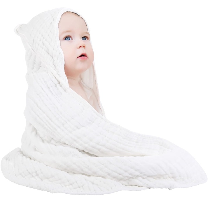 Prosop De Baie Pentru Bebelusi, Axroad Mall, 0-3 luni, Prosoape din muselina, Super absorbant, Uscare rapida, Tifon de bumbac, Hipoalergenic, Moale si prietenos, Potrivit pentru nou-nascuti, 90 x 90cm, Alb