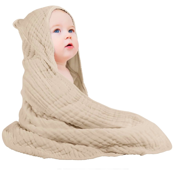 Prosop de baie cu gluga pentru bebelusi din muselina, Axroad Mall, 90 x 90cm, 0-3 luni, Super absorbant, Uscare rapida, Tifon de bumbac, Hipoalergenic, Moale si prietenos, Potrivit pentru nou-nascuti, Bej