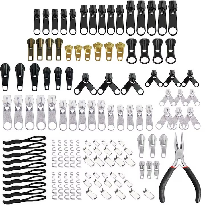 Set 170 reparatii pentru fermoare, WELUOT, 12 stiluri, Cu cleste de montare, Rezistent la uzura, Nu va rugini, Cu cutie de depozitare, Pentru repararea gentilor, hainelor, jachetelor, Aliaj de zinc/Cupru, 3 dimensiuni, Multicolor