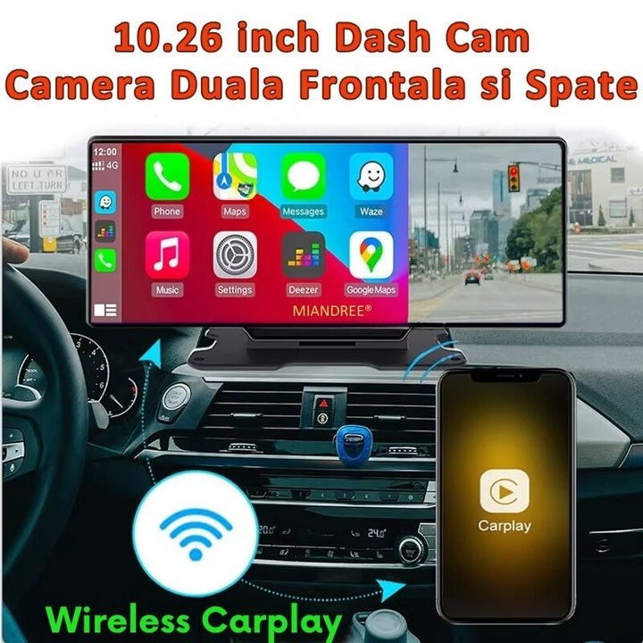 Navigatie Auto Universala 10.26" Full-Touch IPS HD, MIANDREE®, CarPlay/Android Auto Wireless, Camera Fata Reglabila 4K/1080P (Dashcam), Camera Marsarier Inclusa, Card 64GB CADOU, DVR Multimedia, BT, FM, AUX, Split-Screen