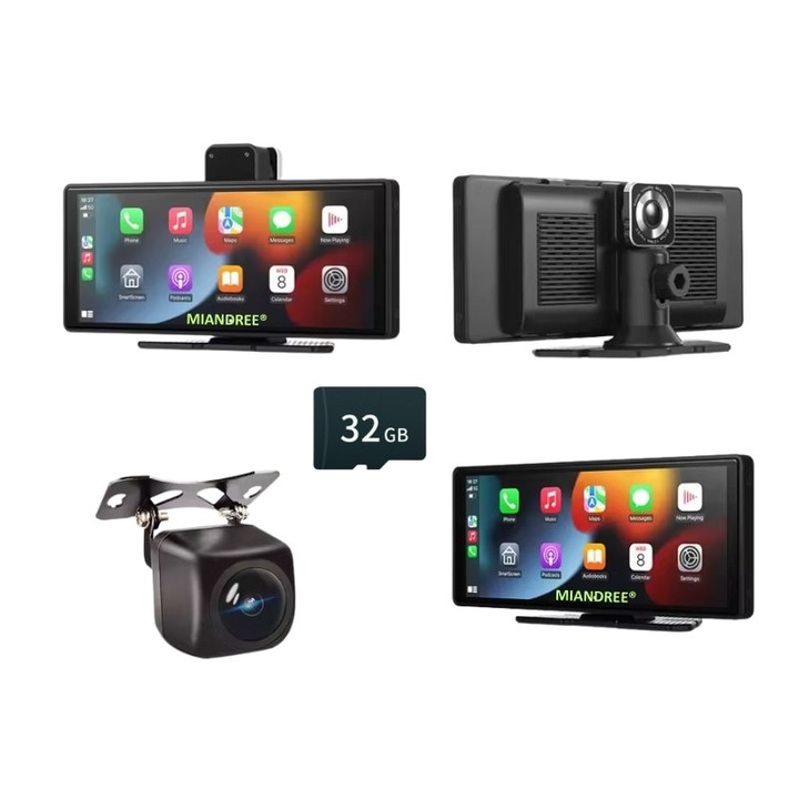 Автомобилна навигация 10.26" Full-Touch IPS HD, MIANDREE, CarPlay/Android Auto Wireless, регулируема предна камера 4K/1080P (Dashcam), включена камера за заден ход, DVR мултимедия, BT, FM, AUX, разделен екран, MicroSD карта 32GB