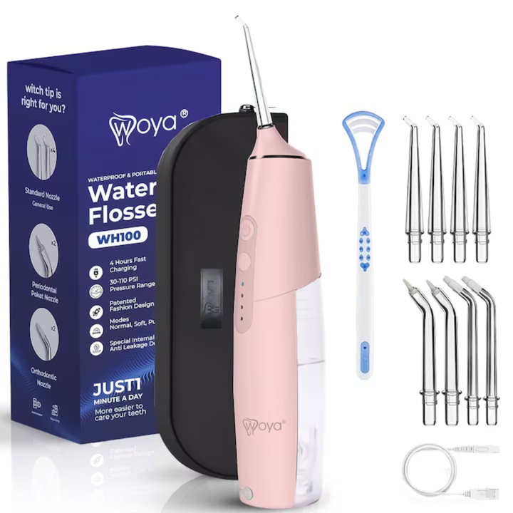 Професионален Орален Иригатор Woya® WH100, Преносим за Орален Душ, 6 Работни Програми, Интелигентна Технология за Почистване, 1400 Импулса/мин, 8 Глави, 200 ml Резервоар, IPX7 Водоустойчив, За Зъбен Камък и Пародонтоза, Безжичен, Розов