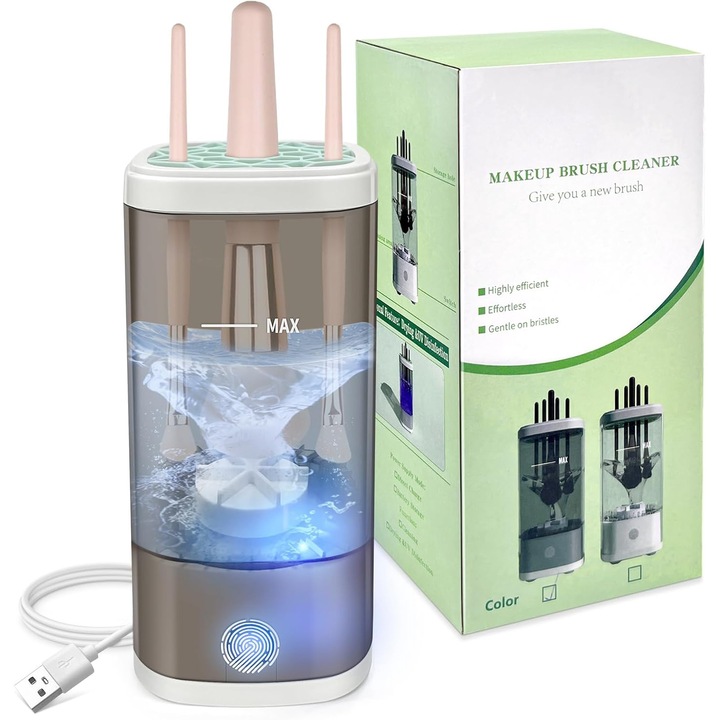 Dispozitiv de Curatat Pensule de Machiaj, Curatare Ultrasonica, Universala, 7000 RPM, Alimentare USB, Acasa sau la Salon, Gri