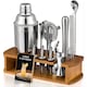 Set de Barman pentru Bauturi, Suport din Bambus, shaker de 750 ml, 15 piese, otel inoxidabil, carte retete cocktail, cleste gheata, pahar masura, Argintiu