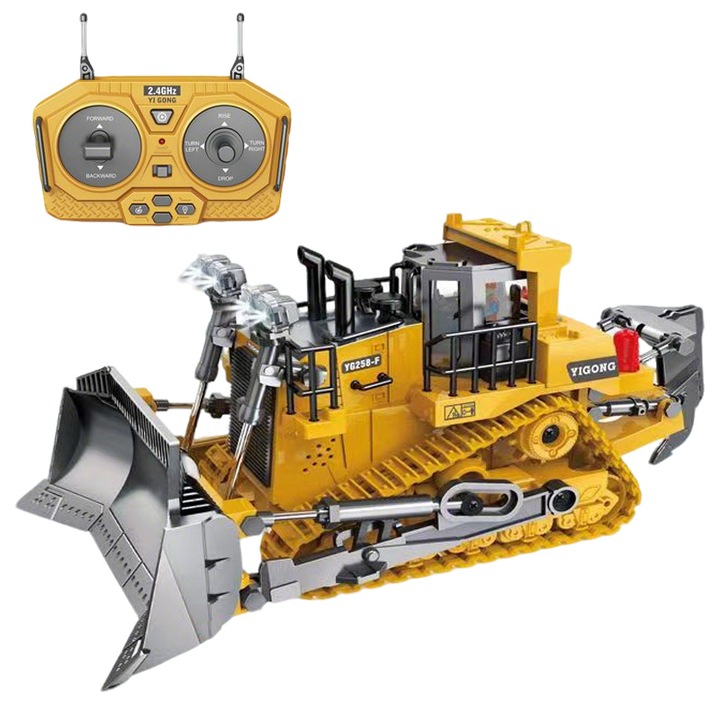Buldozer cu telecomanda, jucarie realista de vehicul de constructii, 2,4 GHz, echipament de constructii, Fudisenn®, 9 comenzi de control, cu lumini si sunete, miscare, marsarier, interior si exterior, galben
