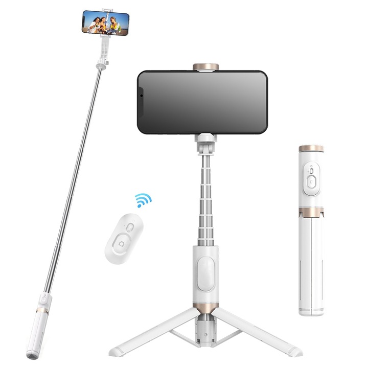 Статив RorAem Selfie Stick, с разтегателна LED светлина 73 см, преносим дизайн, Bluetooth, iOS / Android съвместим, за селфита, поточно предаване на живо, YouTube видео, TikTok видео, бял