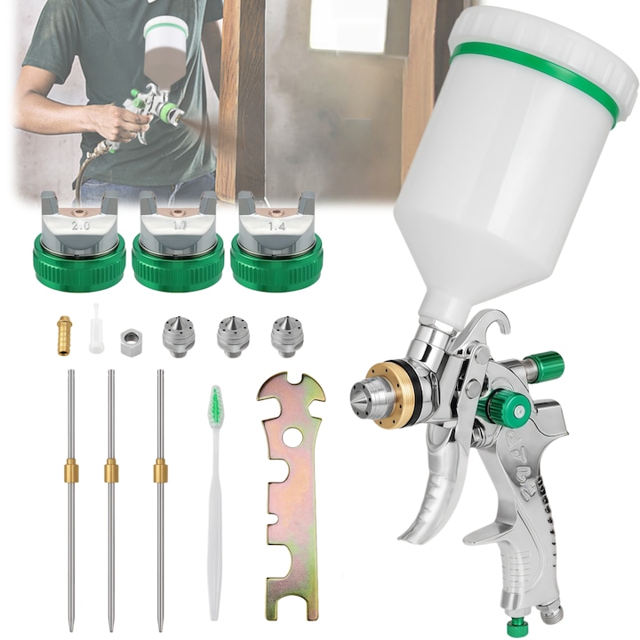 Set Pistol Universal, RorAem, Set Pistol de vopsitcu cu regulator compresor aer 10 bucati cupa amestecare 600cc capace, dispozitiv vopsit aer duze 1.4/1.7/2mm, pentru vopsirea automobilelor si mobilei, Verde