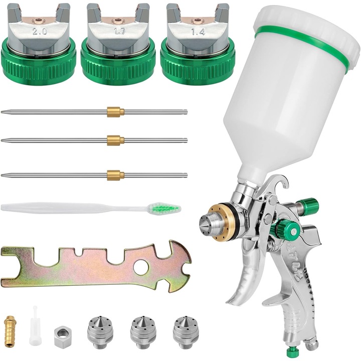 Pistol de vopsit, RorAem, Set pistol de vopsit universal cu 6 duze, 600cc, pentru vopsirea automobilelor si mobilei, verde