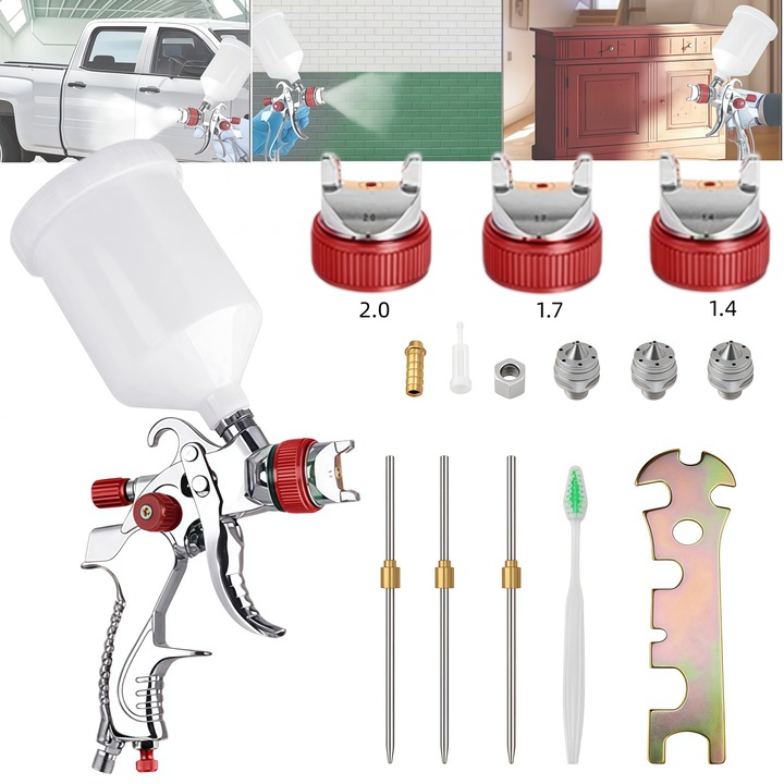 Set Pistol Universal, RorAem, Set Pistol de vopsitcu cu regulator compresor aer 10 bucati cupa amestecare 600cc capace, dispozitiv vopsit aer duze 1.4/1.7/2mm, pentru vopsirea automobilelor si mobilei, Rosu