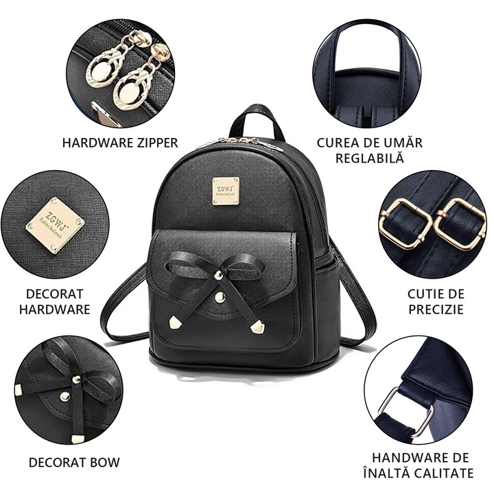 Дамска раница RorAem, комплект от 3 броя елегантна дамска раница, изработена от еко кожа, ежедневна раница с висулка мече, черна, 9,8x5,5x11,8 инча, здрави ципове, регулируема презрамка, идеална за училище, офис и ежедневна употреба