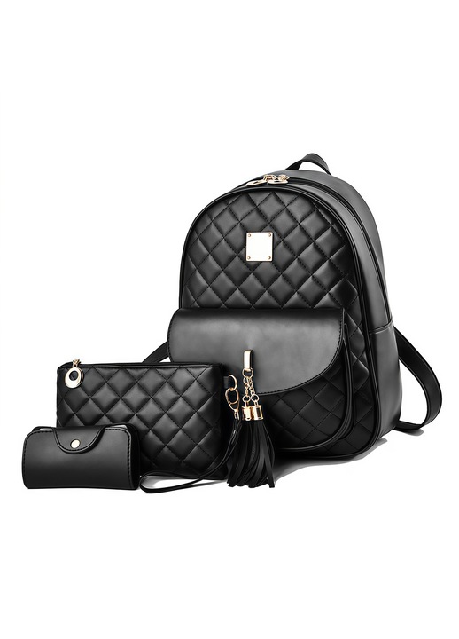 Rucsac fashion dama, RorAem, set 3 rucsac dama elegant, din piele ecologica, rucsac casual cu Pandantiv cu ciucuri, chfermoare rezistente, bretele reglabila, ideal pentru scoala, birou si utilizare zilnica, 25X11X30cm, Negru