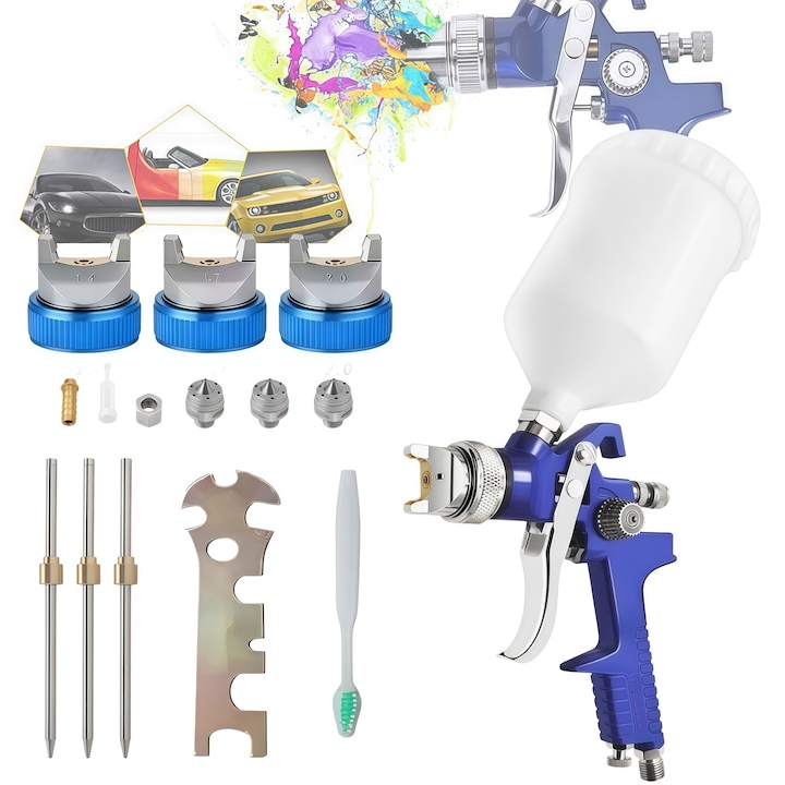 Set Pistol Universal, RorAem, Set Pistol de vopsitcu cu regulator compresor aer 10 bucati cupa amestecare 600cc capace, dispozitiv vopsit aer duze 1.4/1.7/2mm, pentru vopsirea automobilelor si mobilei, Albastru