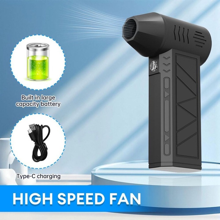 JESWO elektromos ventilátor, 130 000 RPM, 5000 mAh, 4 sebesség, fekete, 12,8x5,7x2,7 cm