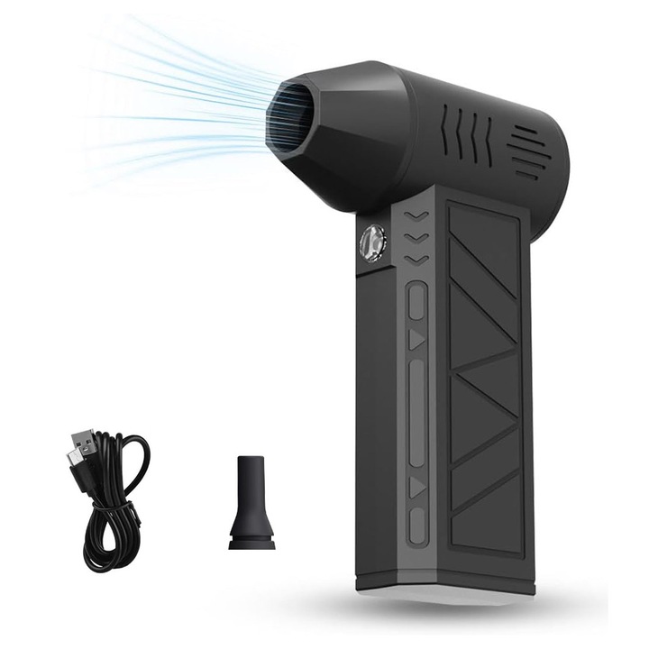Suflanta Aer Comprimat Portabila, JESWO®, 130000 RPM, 5000mAh, 4 viteze, 12.8 x 5.7 x 2.7 cm, Negru