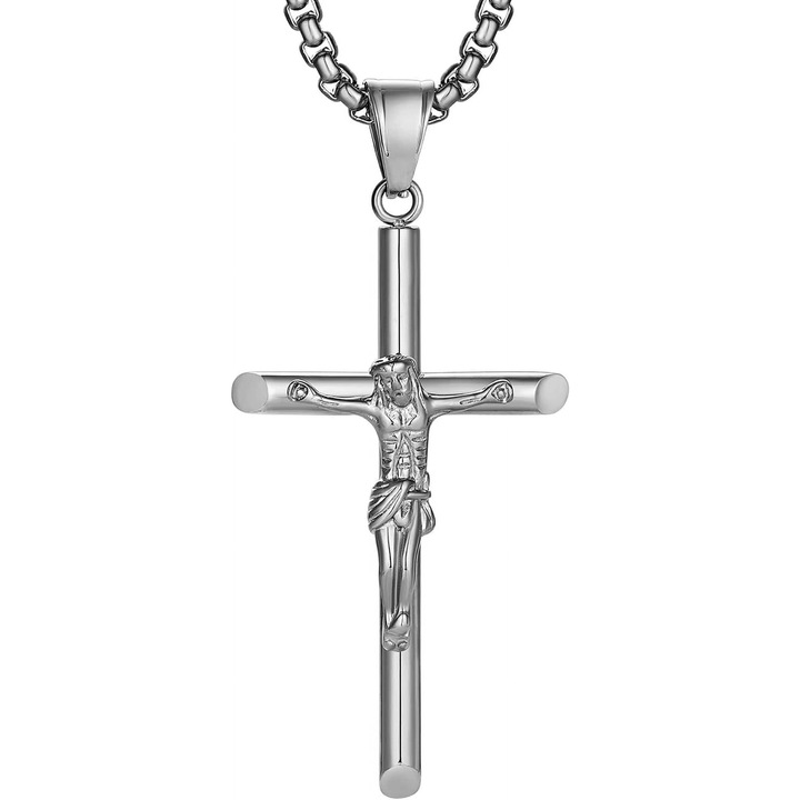 Rozsdamentes acél feszület nyaklánc, Qingbin, 40x23mm, 22" dobozlánc, unisex, ezüst