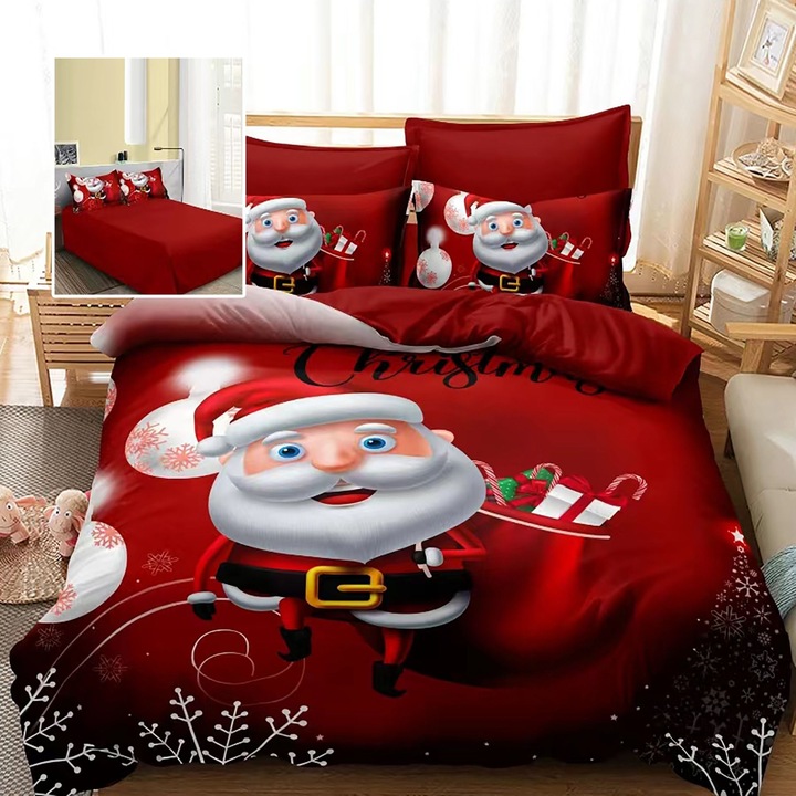 Lenjerie pat Craciun Finet 3D, 6 piese, cearsaf pat 220x230 cm, pilota 200x230 cm, 2 fete perna 70x70 cm, 2 fete perna 50x70 cm, F-XMAS68
