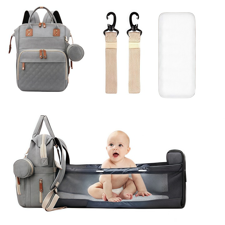 RorAem 3 В 1 раница с разтегателно легло, раница за пелени, чанта за пелени с разтегателно легло със сгъваемо легло, 17 отделения, порт за зареждане на телефон, термо джоб, 56 л, приставка за количка и количка, материал от плат Оксфорд, сив