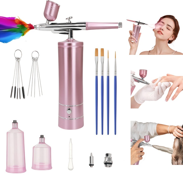 Set aerograf Airbrush portabil, RorAem, aerograf Airbrush compresor, Aerograf pulverizator de mana cu USB, cu perie, Duza 0.3mm, injectare oxigen, hidratare, pentru manichiura, pictura corp, tatuaj semipermanent, ornare torturi, Roz