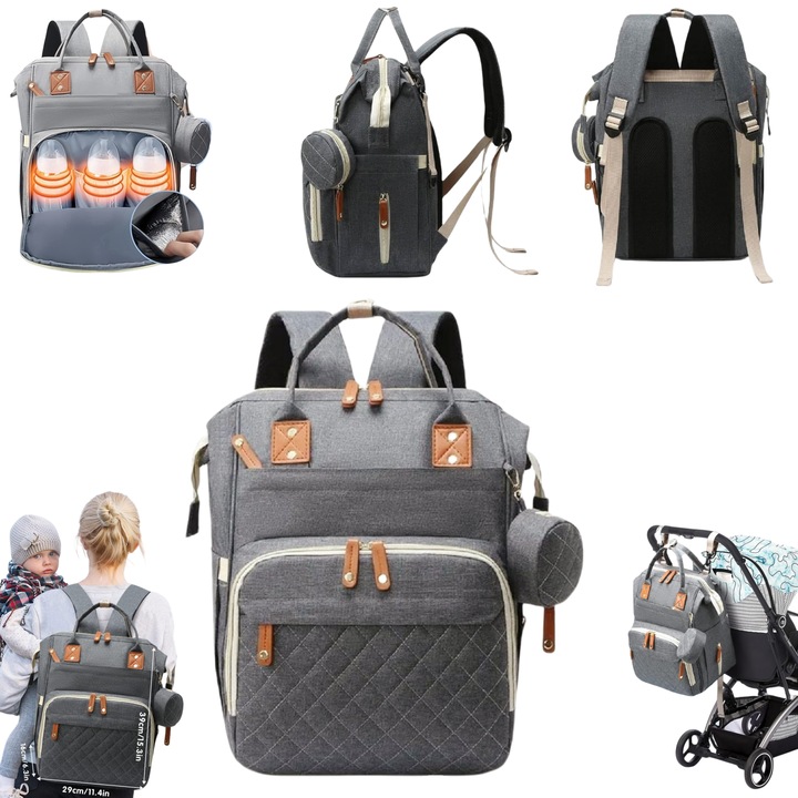 Мултифункционална раница за бебешки пелени RorAem, многофункционална, голям капацитет, 16 отделения, 3 части термо джоб, закача се за дръжката на количката, универсална, ергономична и безопасна за мама, татко и бебе, сива