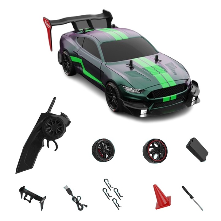 RC távirányítós autó, Fudisenn, Drift autó, 40km/h, LED lámpák, cserélhető gumik, 1 elem mellékelve, Műanyag, 1:14, zöld, 31×12×8cm