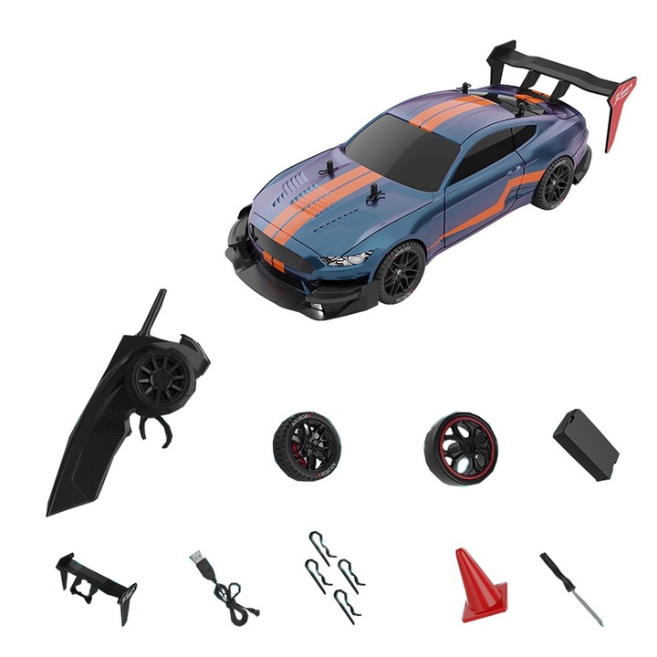 RC távirányítós autó, Fudisenn, Drift autó, 40km/h, LED lámpák, cserélhető gumik, 1 elem mellékelve, 1:14, narancssárga színű, 31×12×8 cm