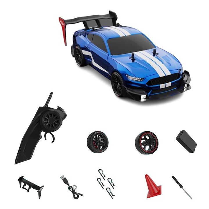 RC távirányítós autó, Fudisenn, Drift autó, 40km/h, LED lámpák, cserélhető gumik, 1 elem mellékelve, 1:14, ABS, 2,4 GHz, kék, 31x12x8cm