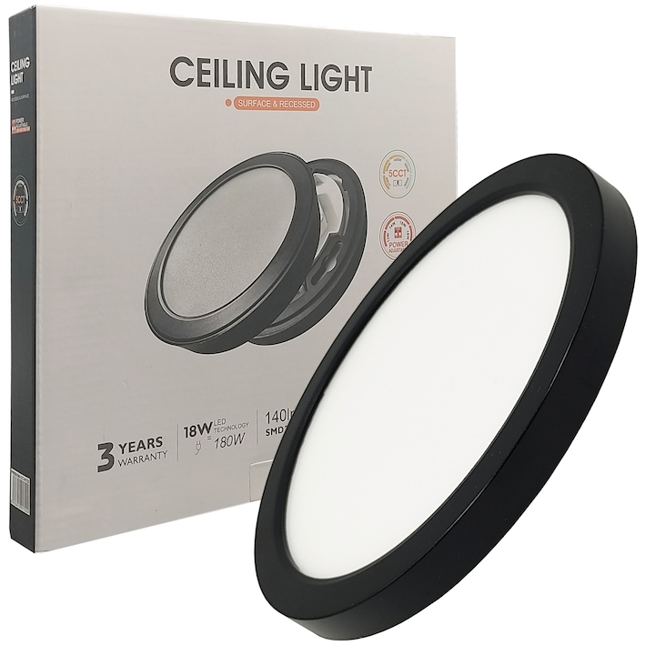LED плафониера кръгла 18W (180W), 2160Lm, черна, повърхностен или вграден монтаж, Ø230x21mm, IP44, регулируема мощност 12W 14W 16W и 18W, избираема светлина 2700K 3000K 4000K 5000K 6000K
