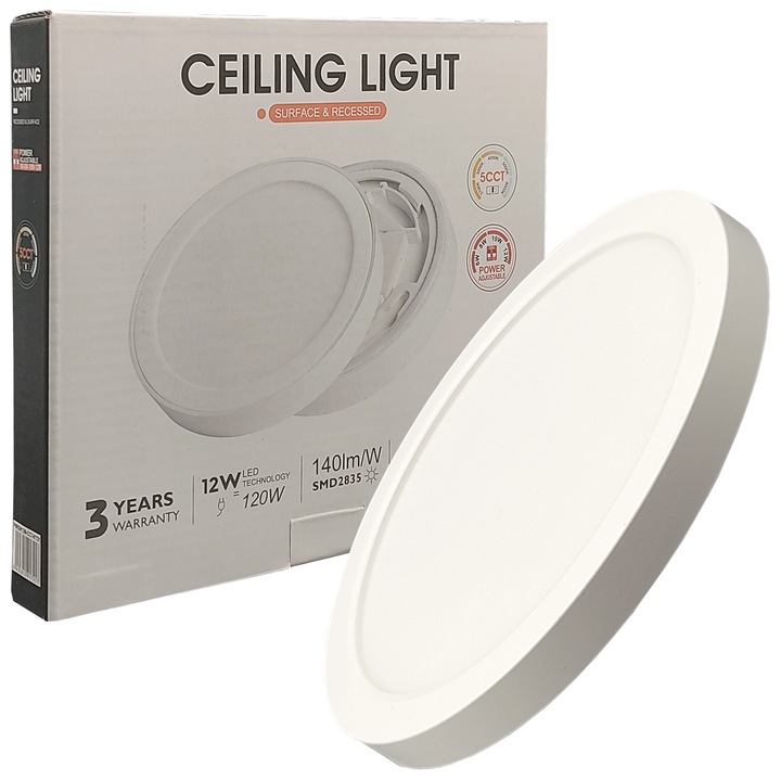 Kerek LED mennyezeti lámpa 12W (120W), 1440Lm, fehér, felületi vagy süllyesztett, Ø173x21mm, IP44, állítható teljesítmény 6W 8W 10W és 12W, választható fény 2700K 3000K 4000K 5000K 6000K