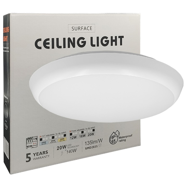 Външна LED плафониера, кръгла, 20W, 2700Lm, IP65 водоустойчива, Ø25x5cm, бяла, регулируема мощност 12W 16W и 20W, избираема светлина 3000K-4000K-6000K