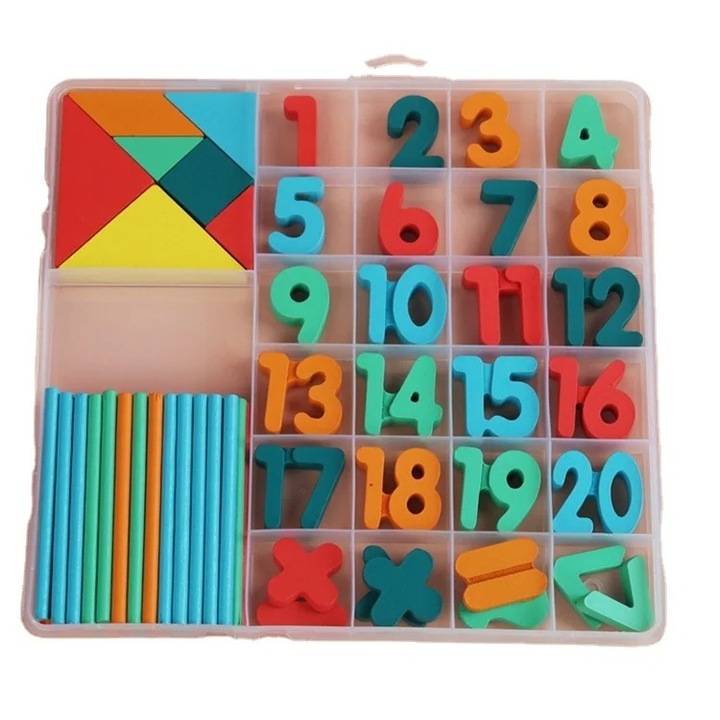Cutie de invatare pentru copii, cifre, adunare, scadere, betisoare si forme geometrice, din lemn, multicolor, Dactylion®
